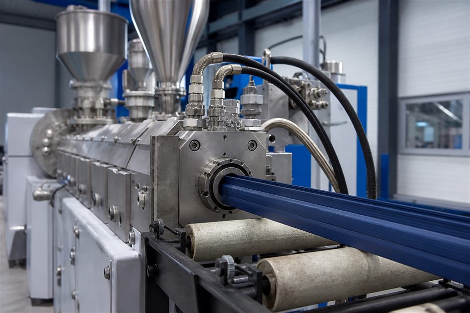 Industrial polymer extrusion line producing a precision profile
